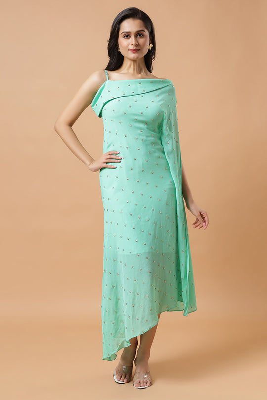 Cleo Sea Blue Chinon Shoulder Drape Dress