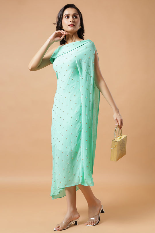 Cleo Sea Blue Chinon Shoulder Drape Ready to Wear Saree Dress