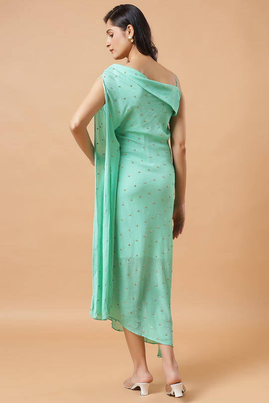 Cleo Sea Blue Chinon Shoulder Drape Ready to Wear Saree Dress