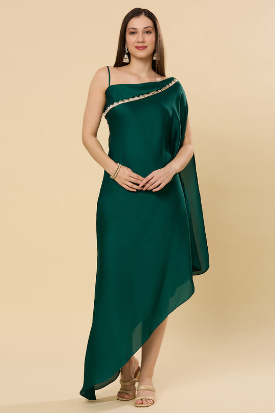 Isla Emerald Green Satin Shoulder Drape Dress