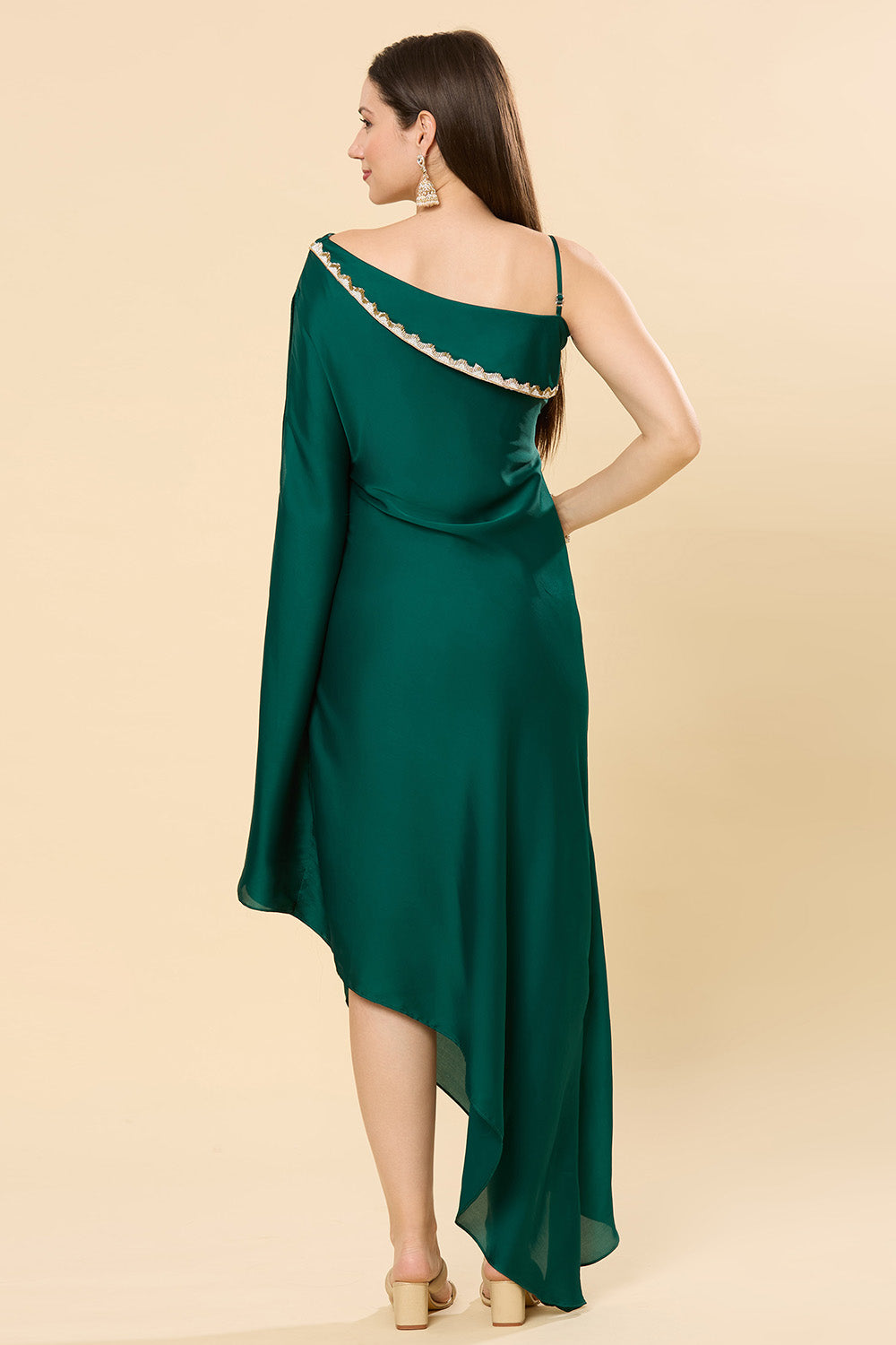 Isla Emerald Green Satin Shoulder Drape Saree Dress Isla Emerald Green Satin Shoulder Drape Saree Dress
