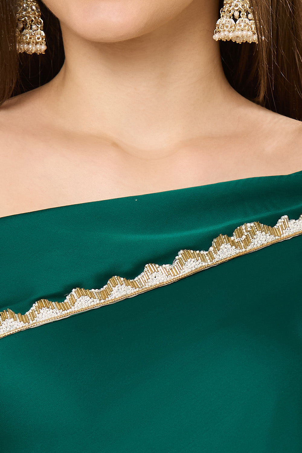 Isla Emerald Green Satin Shoulder Drape Saree Dress Isla Emerald Green Satin Shoulder Drape Saree Dress