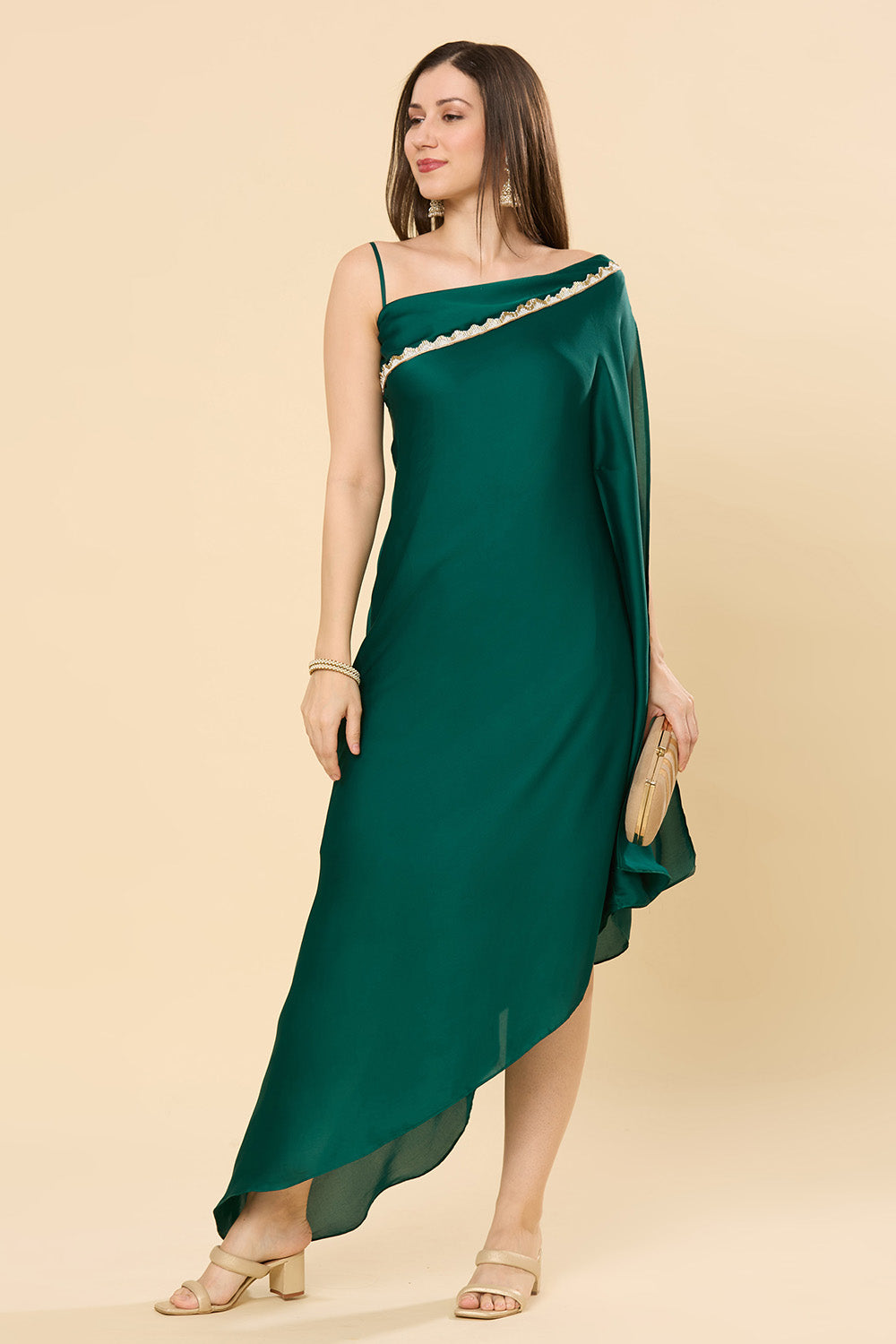 Isla Emerald Green Satin Shoulder Drape Ready to Wear Saree Dress