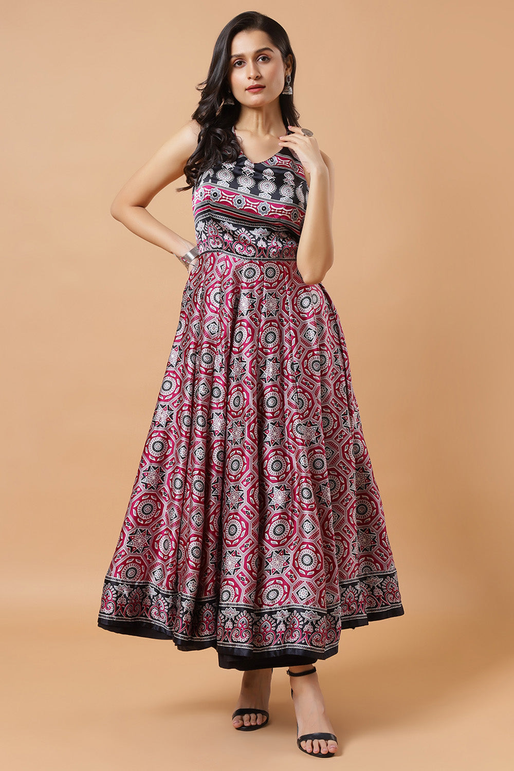 Kisha Magenta Ajrakh Design Satin Dress with Adjustable Tie-Back