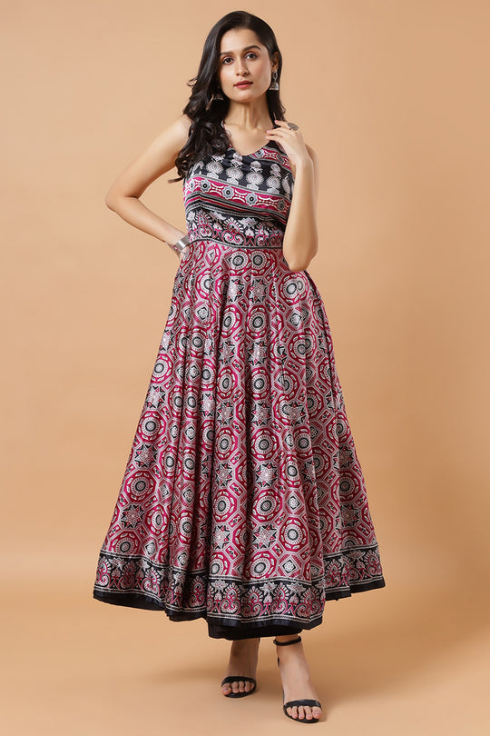 Kisha Magenta Ajrakh Design Satin Dress with Adjustable Tie-Back