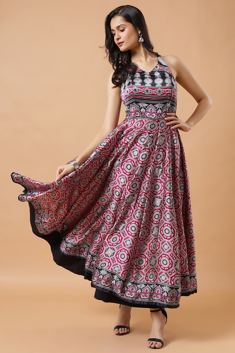 Kisha Magenta Ajrakh Design Satin Ready to Wear Saree Dress with Adjustable Tie-Back