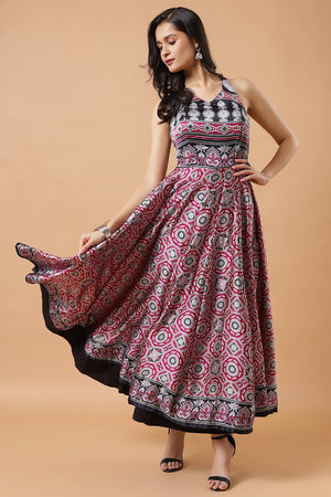Kisha Magenta Ajrakh Design Satin Ready to Wear Saree Dress with Adjustable Tie-Back