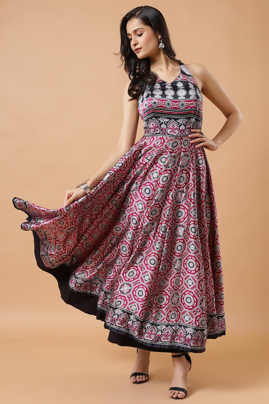 Kisha Magenta Ajrakh Design Satin Ready to Wear Saree Dress with Adjustable Tie-Back