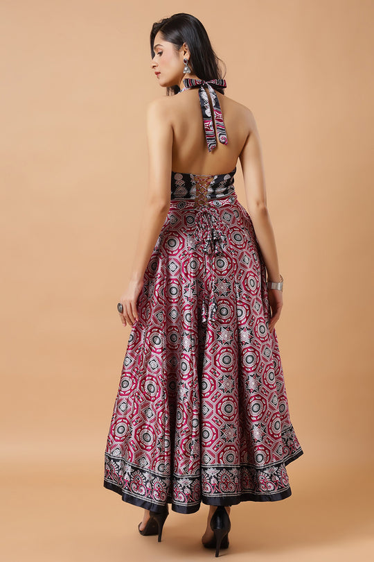 Kisha Magenta Ajrakh Design Satin Ready to Wear Saree Dress with Adjustable Tie-Back