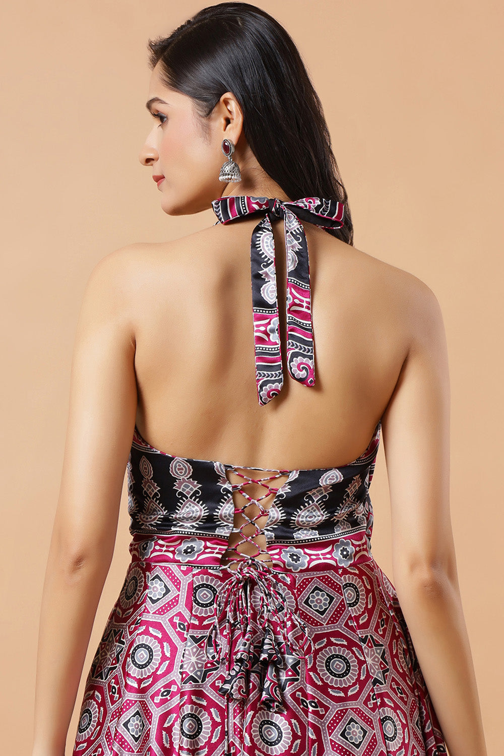 Kisha Magenta Ajrakh Design Satin Ready to Wear Saree Dress with Adjustable Tie-Back