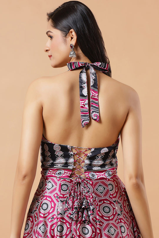 Kisha Magenta Ajrakh Design Satin Ready to Wear Saree Dress with Adjustable Tie-Back