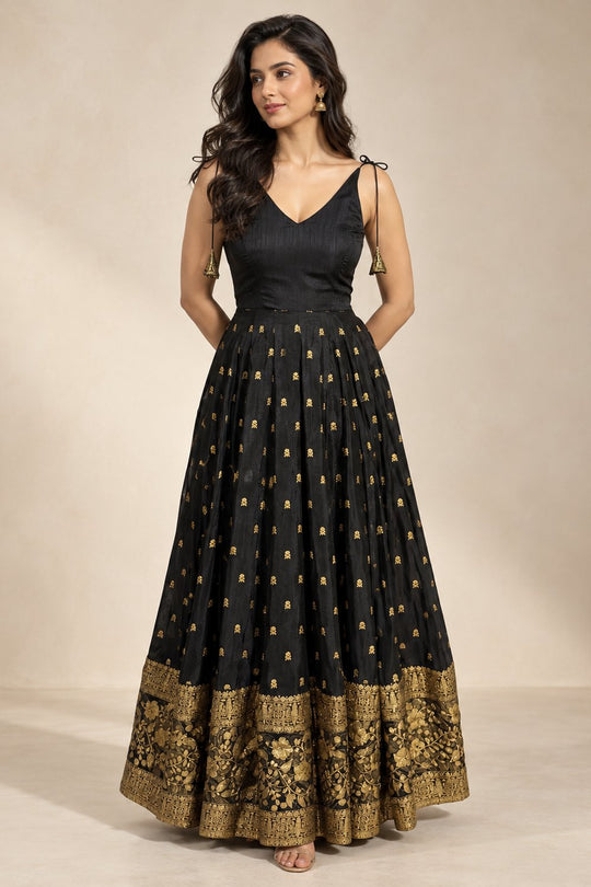 Clio Georgette Gold Zari Woven Tie-Back Strap Saree Dress