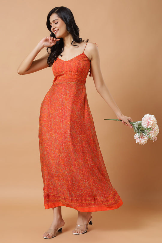 Trina Orange Chiffon Strappy Ready to Wear Saree Dress
