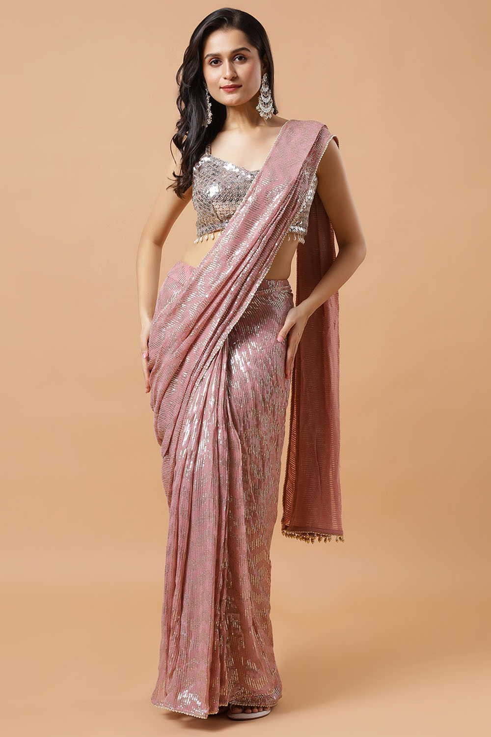 Naya Pink & Gold Ready to Wear Saree Sequins Luxe Georgette Pre-Draped Saree
