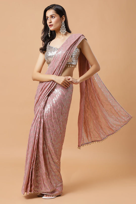 Naya Pink & Gold Ready to Wear Saree Sequins Luxe Georgette Pre-Draped Saree