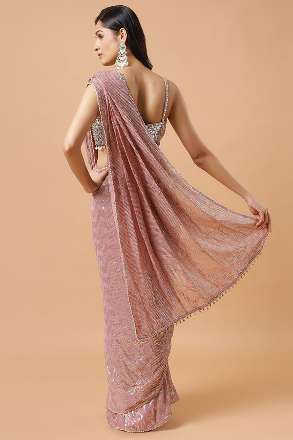 Naya Pink & Gold Ready to Wear Saree Sequins Luxe Georgette Pre-Draped Saree