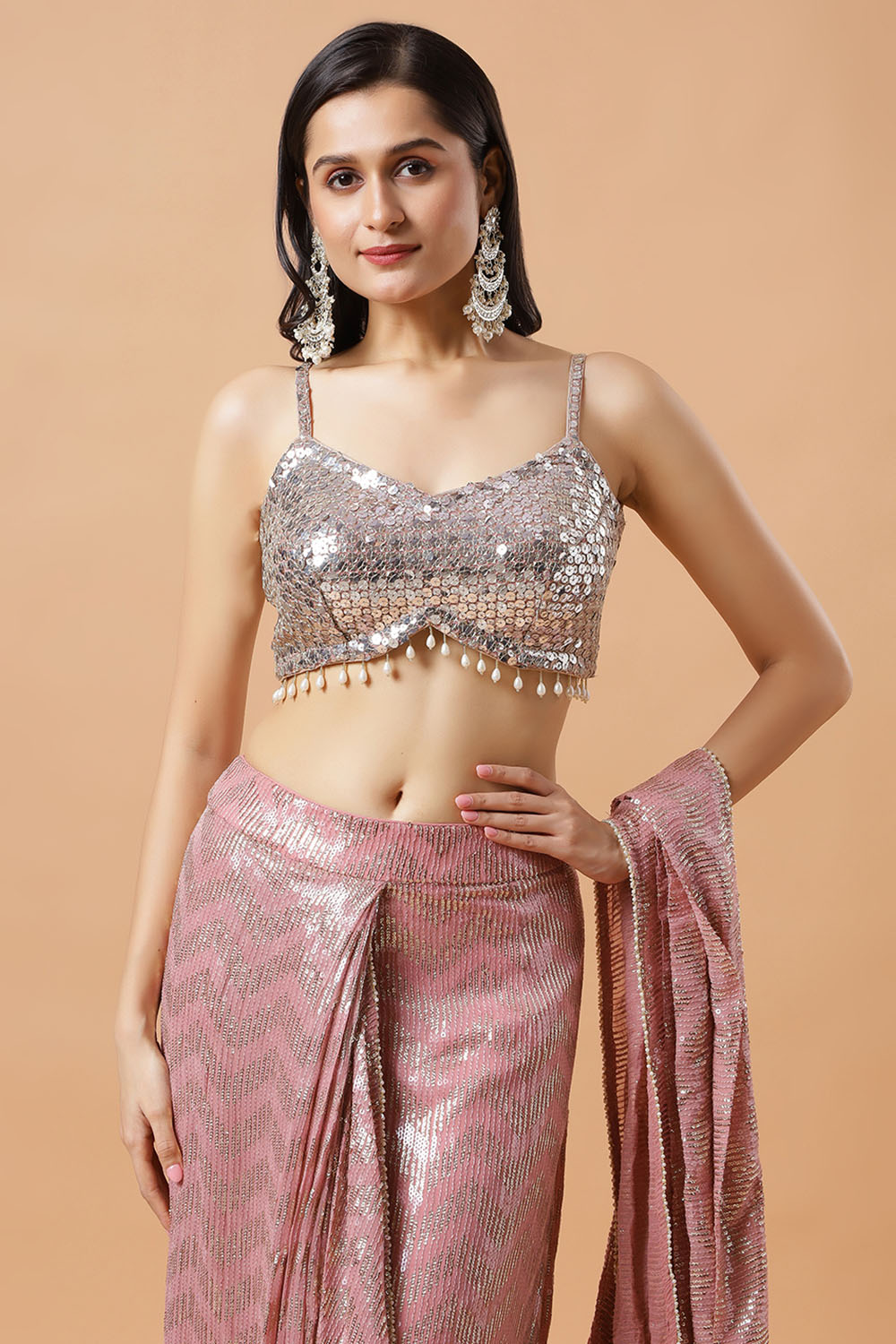 Naya Pink & Gold Ready to Wear Saree Sequins Luxe Georgette Pre-Draped Saree