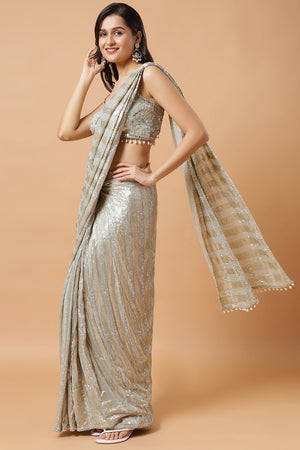 Aanya Olive Green & Gold Sequins Luxe Georgette Ready to Wear Saree