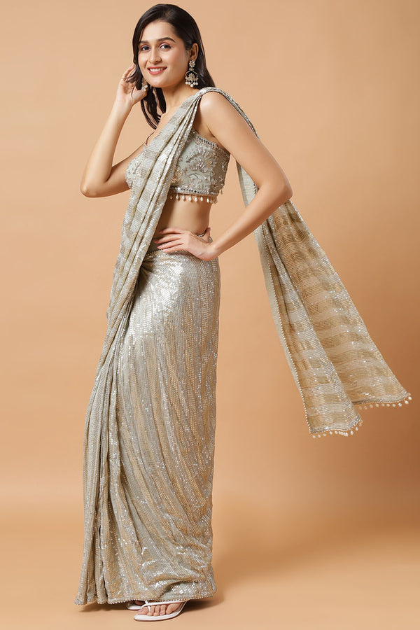 Aanya Olive Green & Gold Sequins Luxe Georgette Ready to Wear Saree