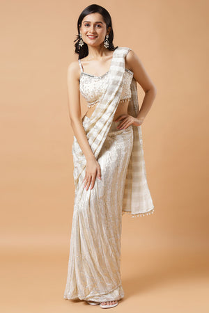 Siara Off-White & Gold Ready to Wear Saree Sequins Luxe Georgette Pre-Draped