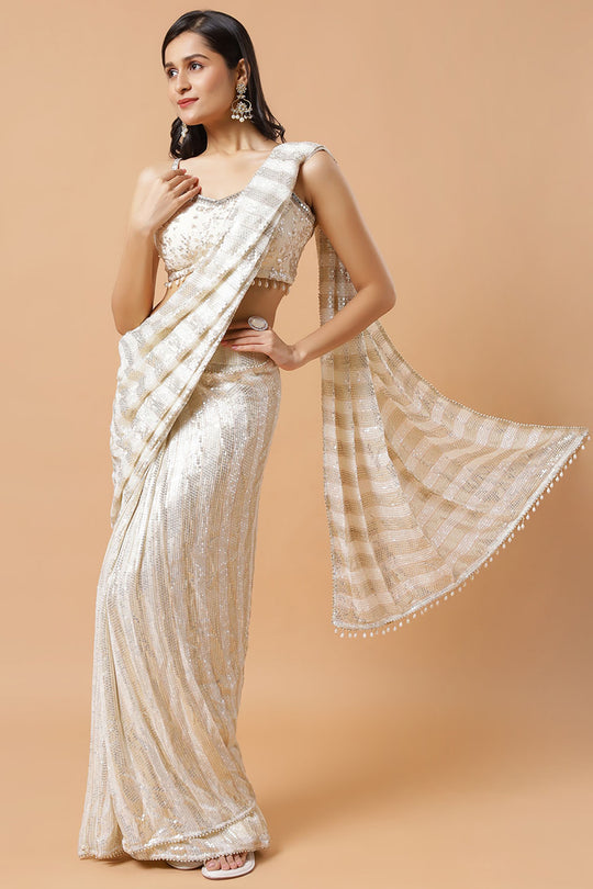 Siara Off-White & Gold Ready to Wear Saree Sequins Luxe Georgette Pre-Draped
