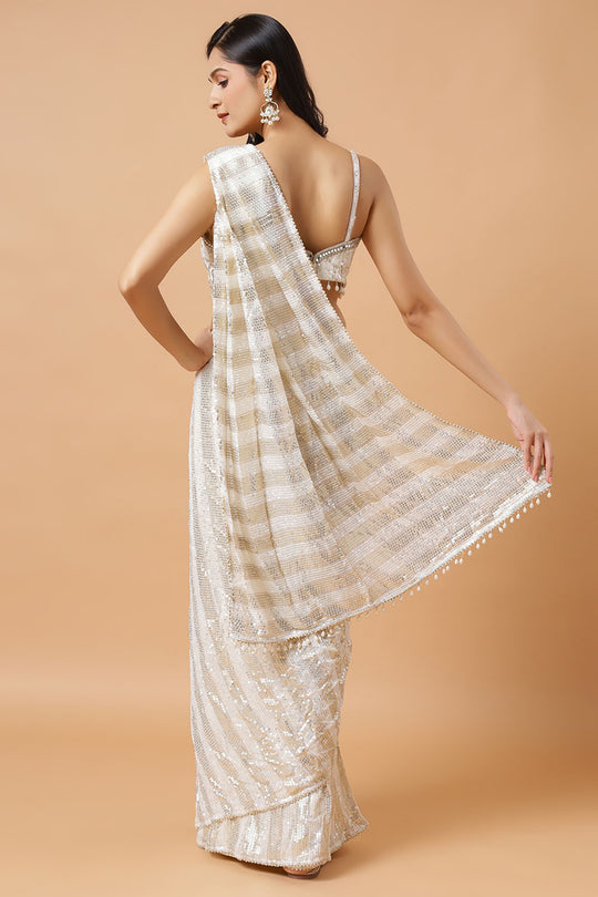 Siara Off-White & Gold Ready to Wear Saree Sequins Luxe Georgette Pre-Draped