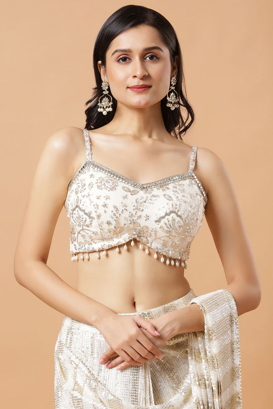 Siara Off-White & Gold Ready to Wear Saree Sequins Luxe Georgette Pre-Draped