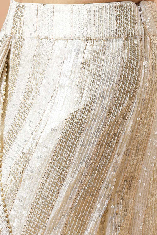 Siara Off-White & Gold Ready to Wear Saree Sequins Luxe Georgette Pre-Draped