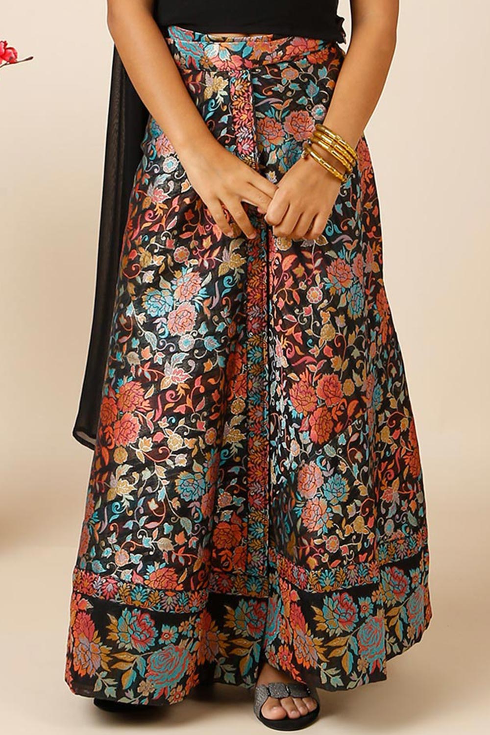 Therese Black Art Silk Floral Wrap Around Saree Skirt  For Kids & Tweens