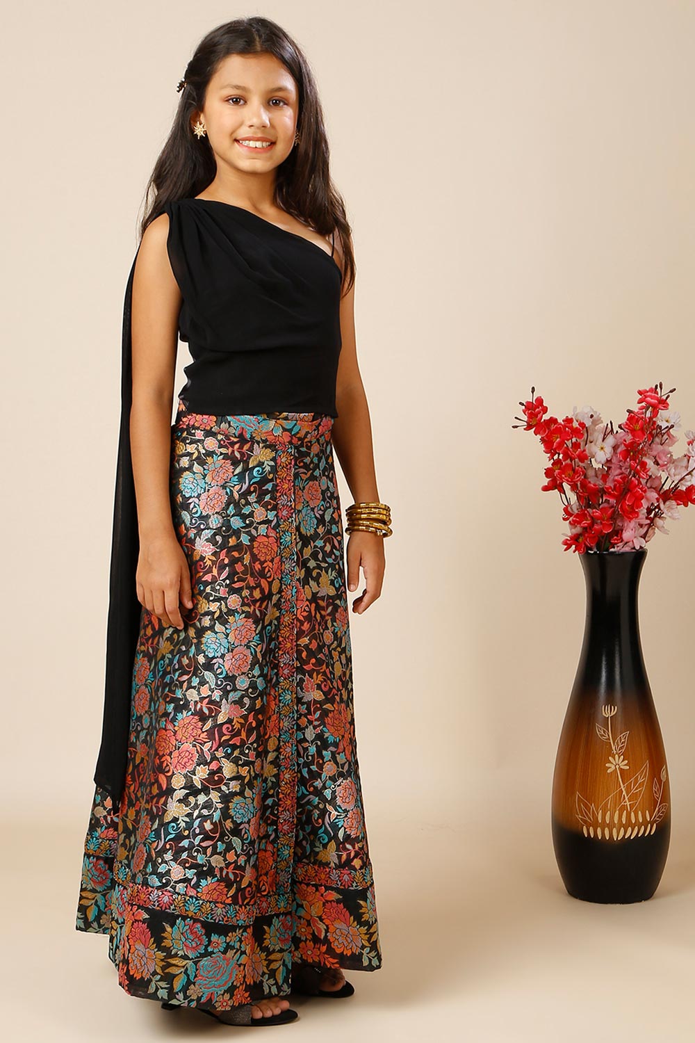 Therese Black Art Silk Floral Wrap Around Saree Skirt  For Kids & Tweens