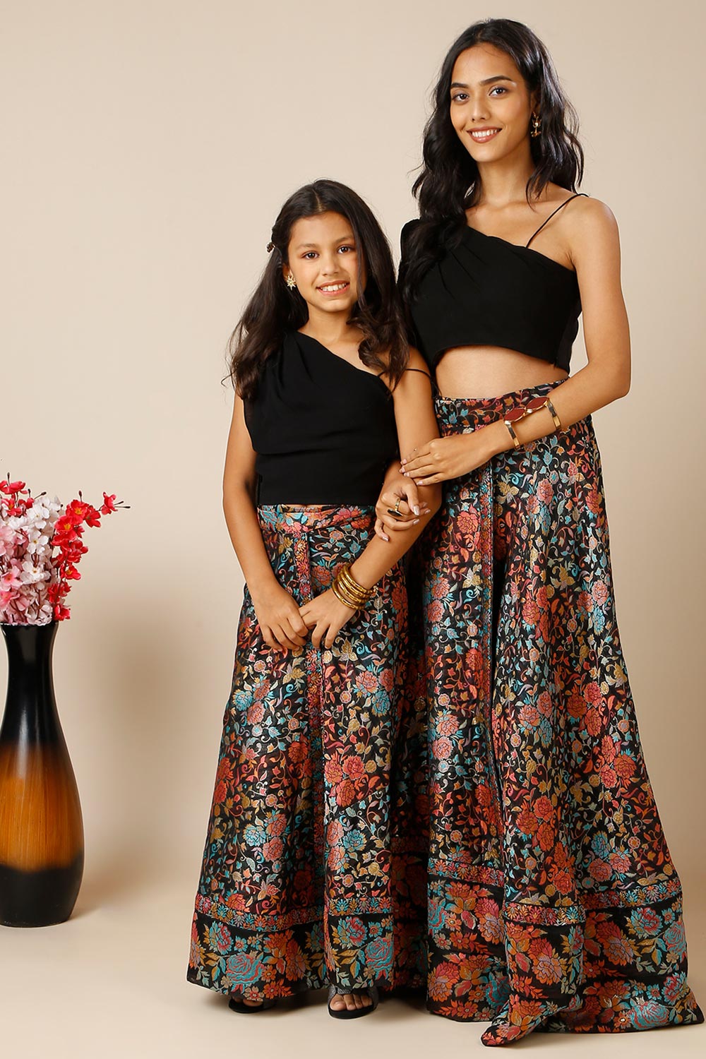 Therese Black Art Silk Floral Wrap Around Saree Skirt  For Kids & Tweens