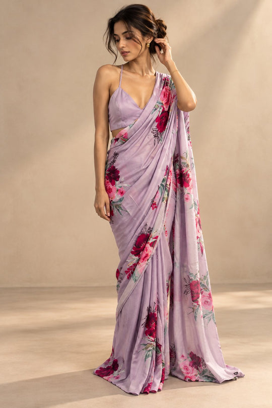 Zoya Lilac Modal Satin Floral Print Ready to Wear Saree