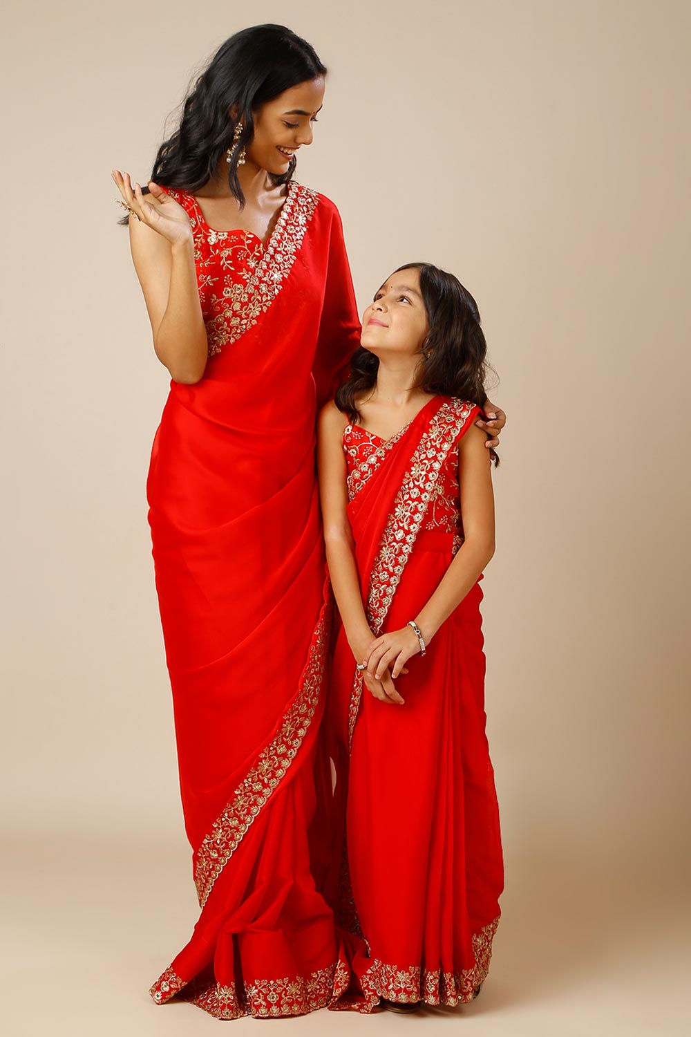 Madhuri Red Zari Border Crepe Silk One Minute Saree For Kids & Tweens