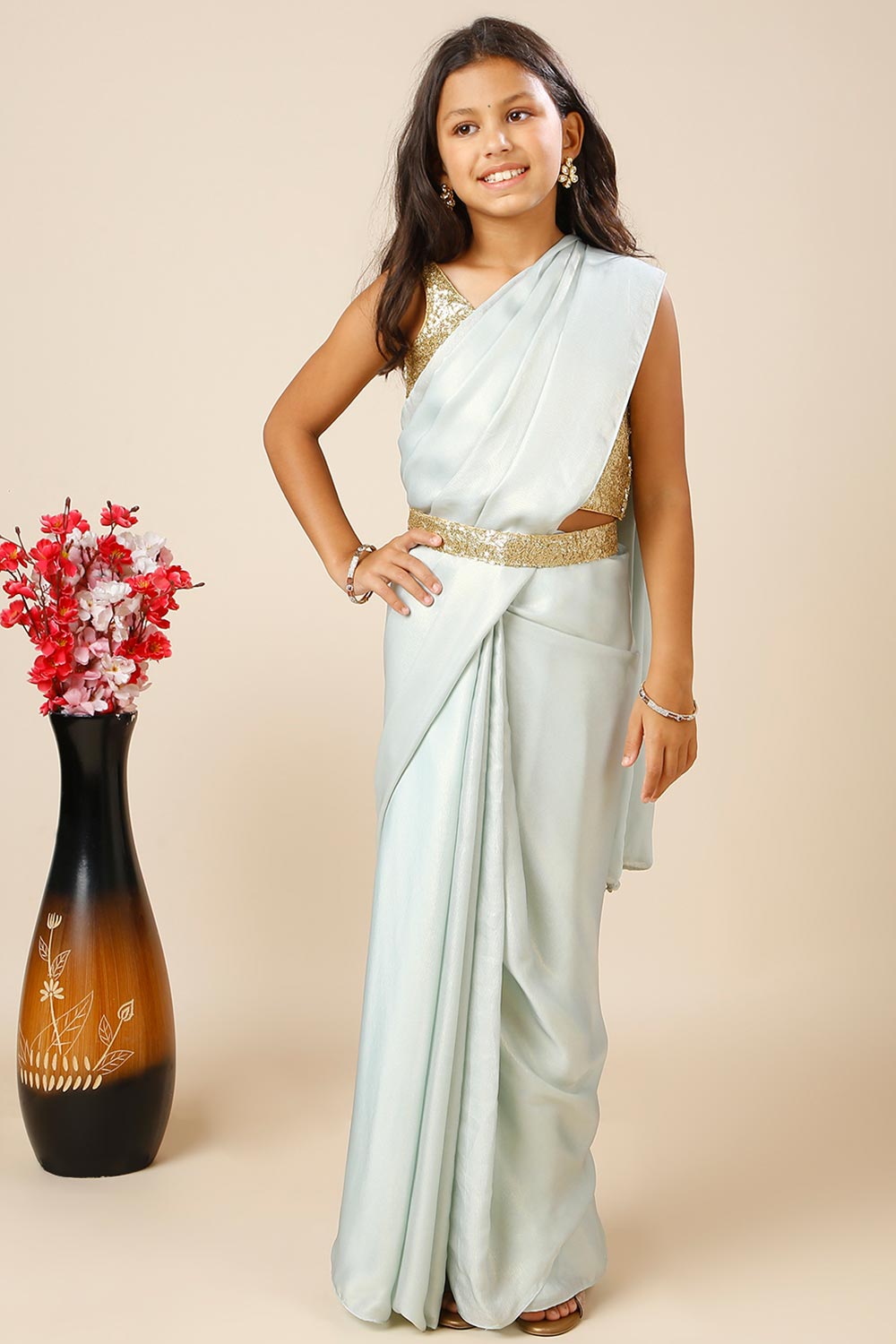 Meera Sea Blue & Gold Shimmer Georgette One Minute Saree