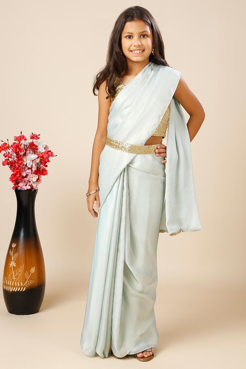 Meera Sea Blue & Gold Shimmer Georgette One Minute Saree