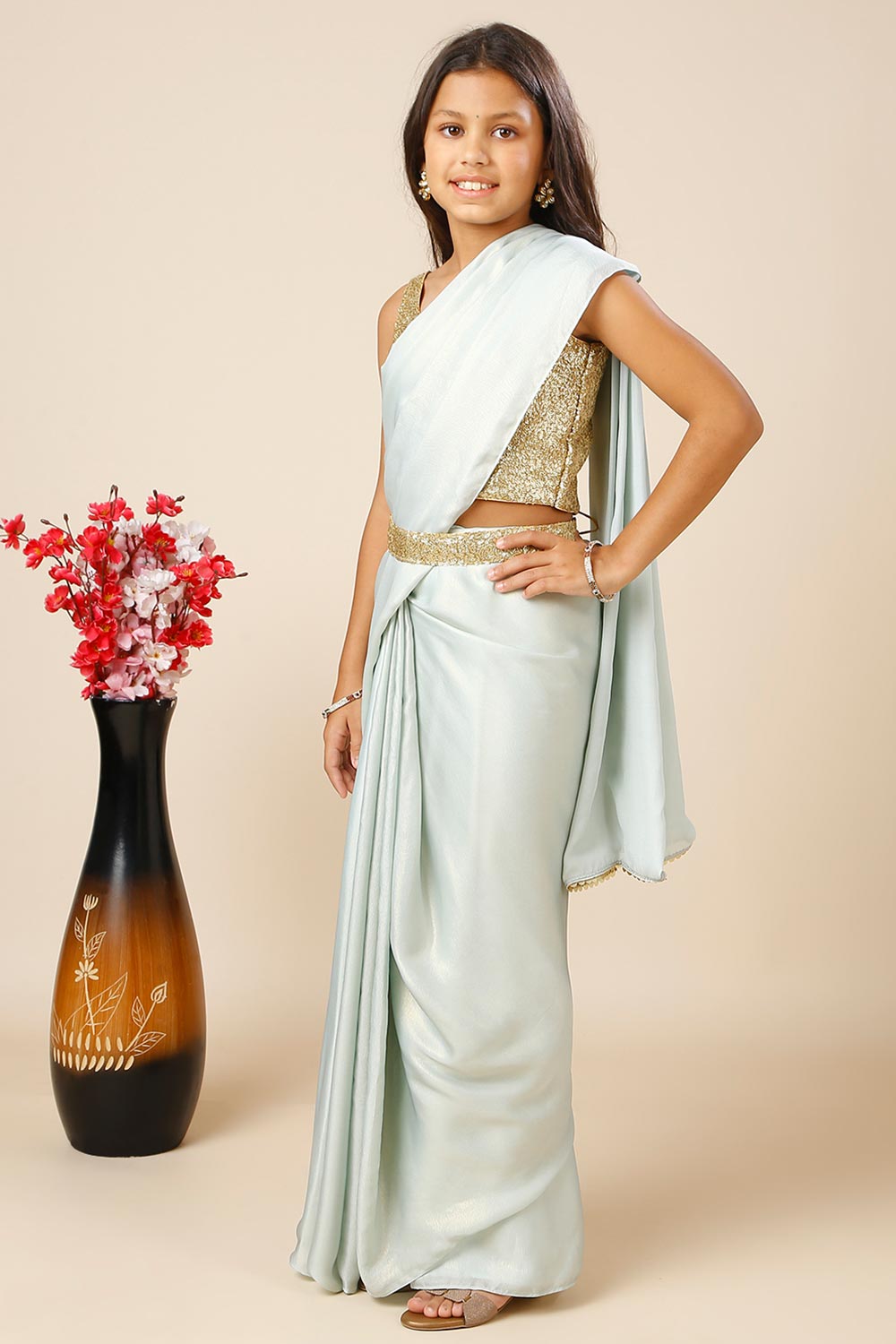 Meera Sea Blue & Gold Shimmer Georgette One Minute Saree