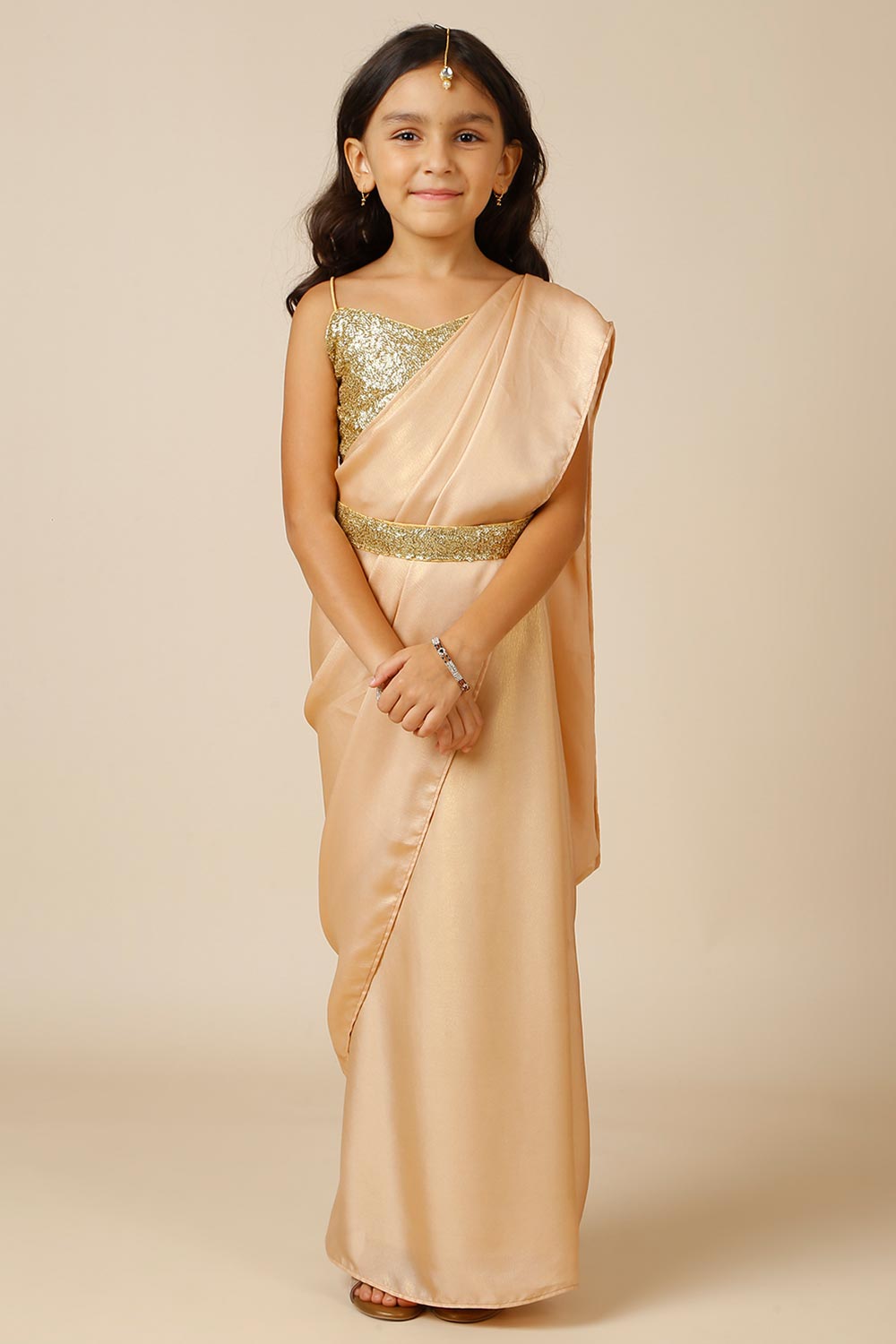 Meera Peach & Gold Shimmer Georgette One Minute Saree with Belt for Kids & Tweens