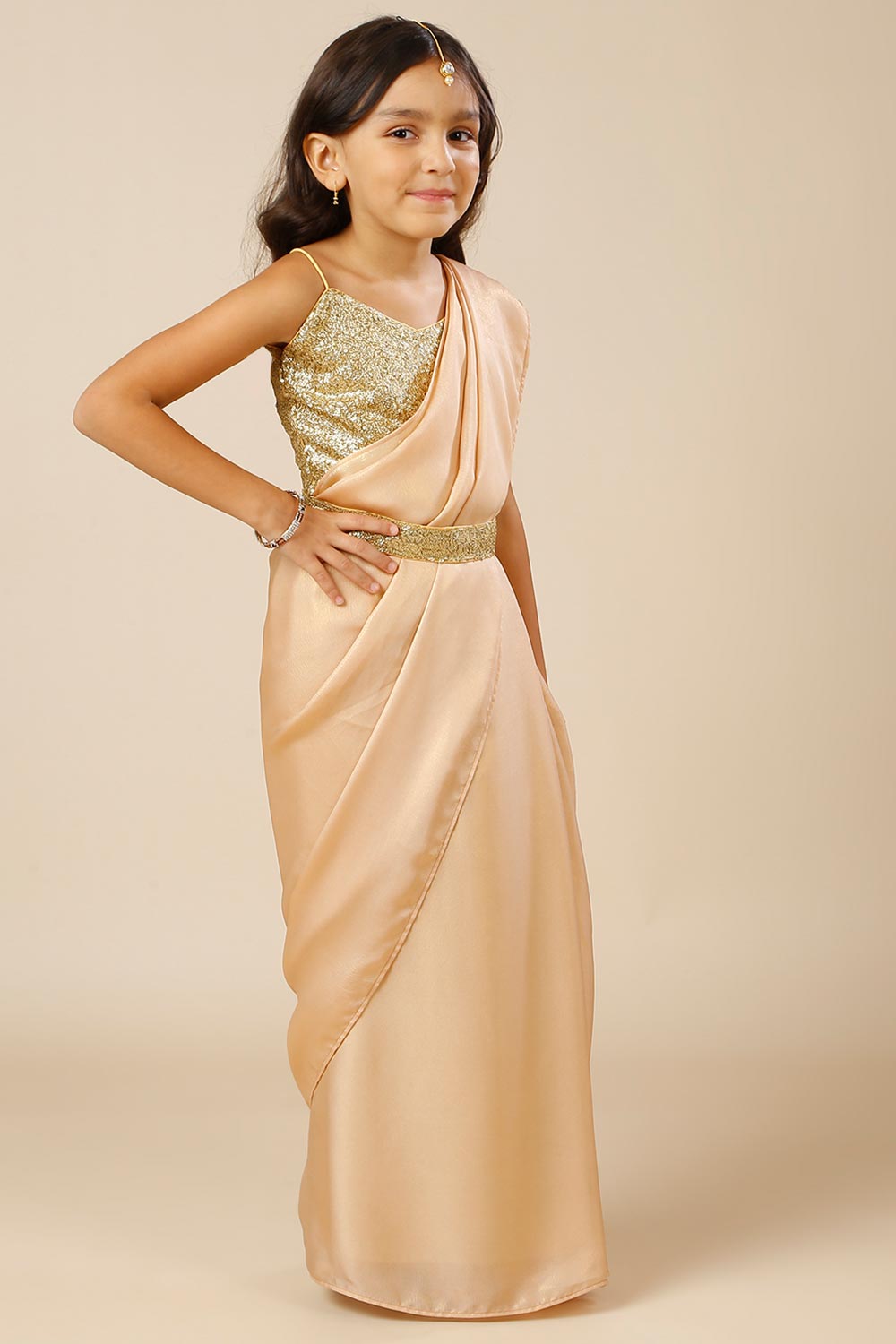 Meera Peach & Gold Shimmer Georgette One Minute Saree with Belt for Kids & Tweens