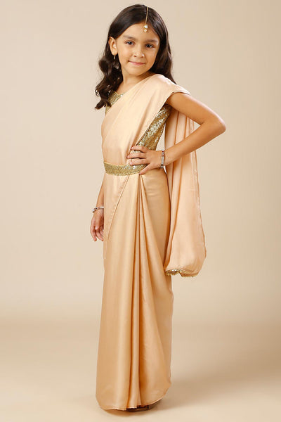 Meera Peach & Gold Shimmer Georgette One Minute Saree with Belt for Kids & Tweens