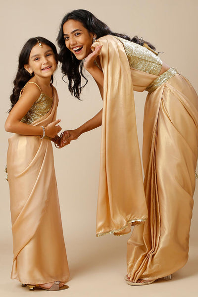 Meera Peach & Gold Shimmer Georgette One Minute Saree with Belt for Kids & Tweens