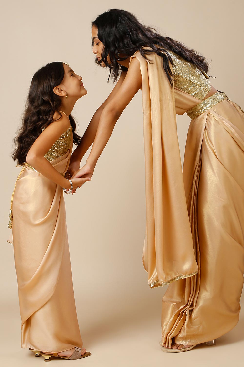 Meera Peach & Gold Shimmer Georgette One Minute Saree with Belt for Kids & Tweens