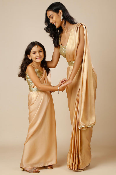 Meera Peach & Gold Shimmer Georgette One Minute Saree with Belt for Kids & Tweens