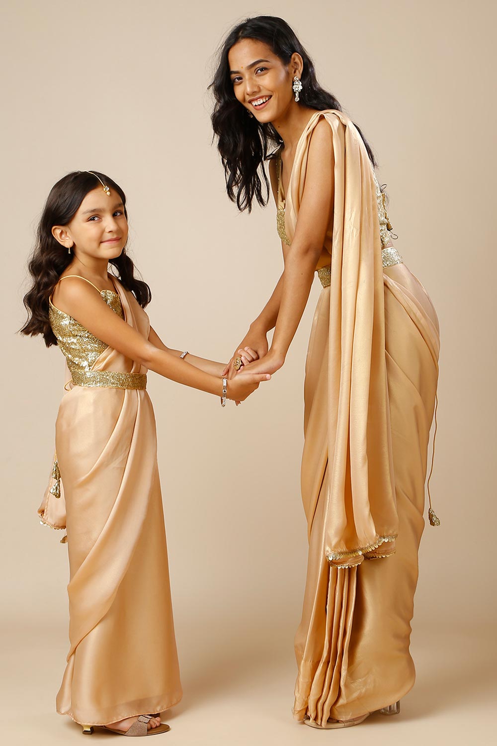 Meera Peach & Gold Shimmer Georgette One Minute Saree with Belt for Kids & Tweens