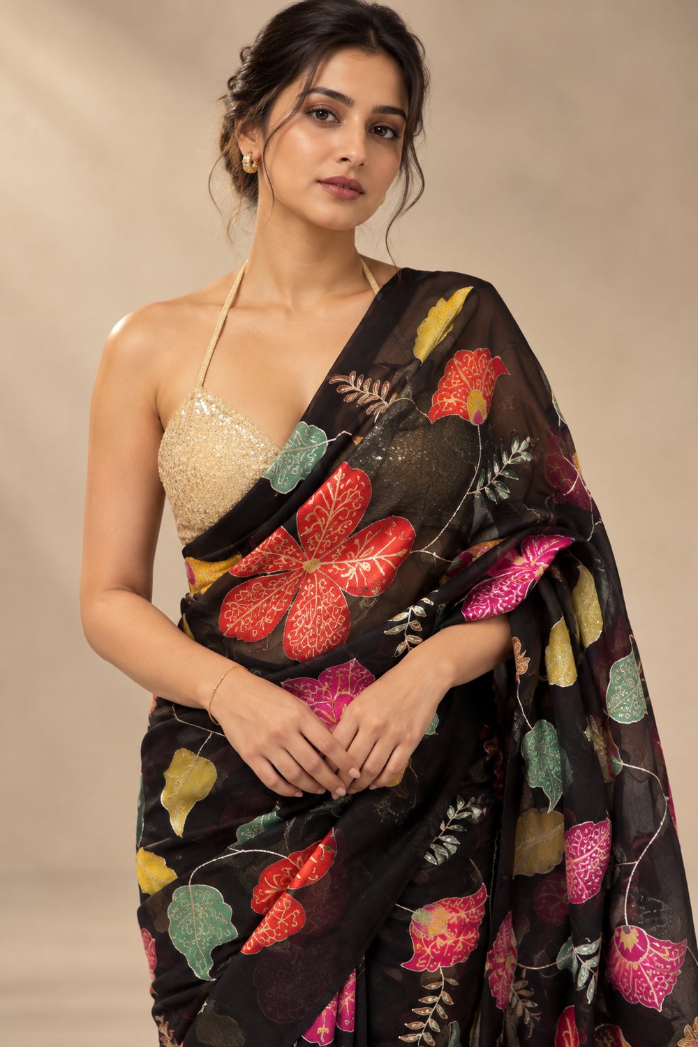 Freya Black Organza Multicolor Floral Designer Ready to Wear Saree