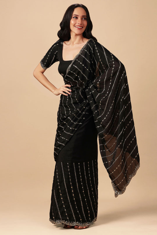Adriana Black Georgette Zari Embroidered Sequins Ready to Wear Saree