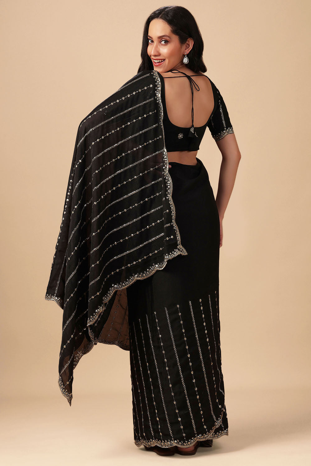 Adriana Black Georgette Zari Embroidered Sequins Ready to Wear Saree