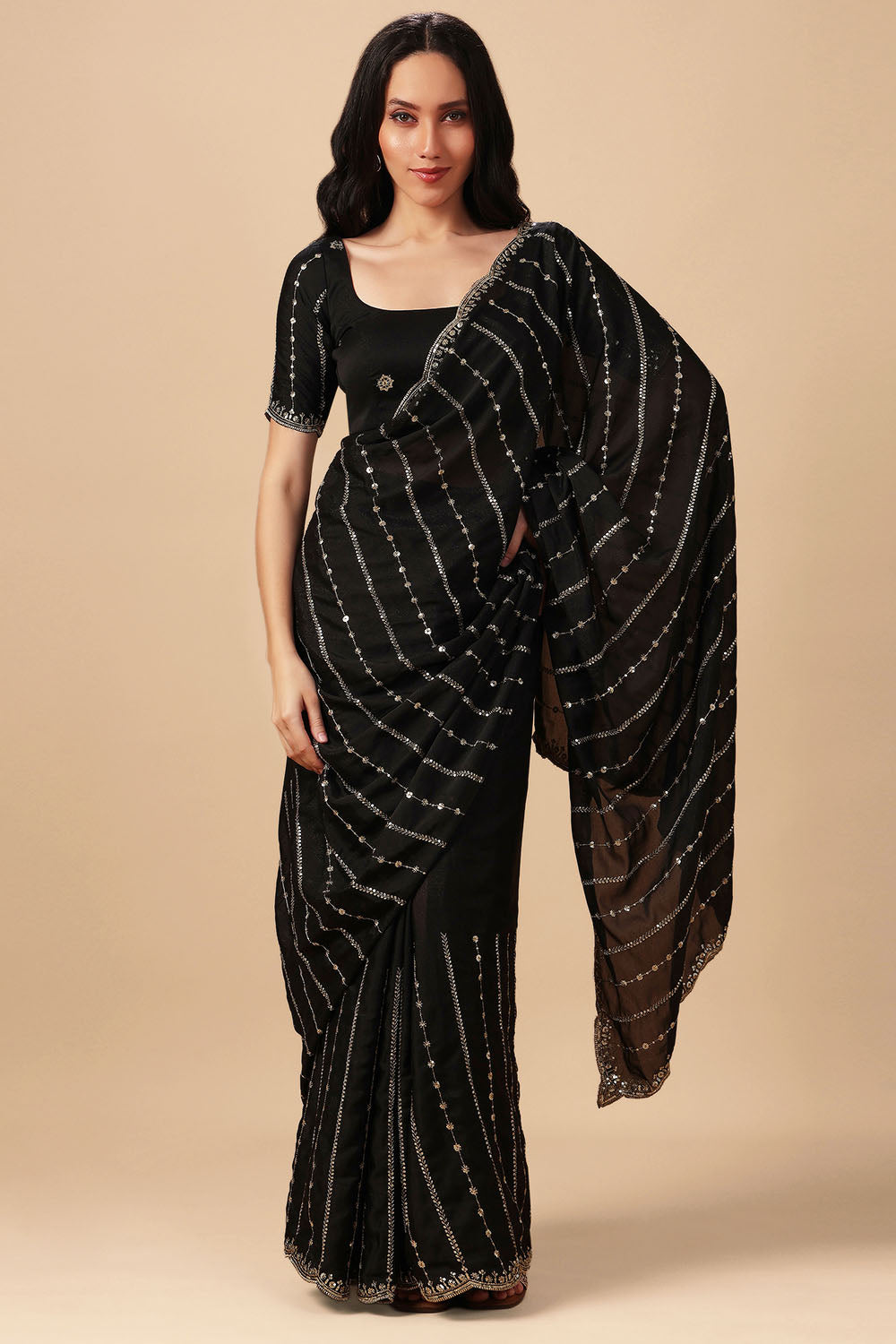 Adriana Black Georgette Zari Embroidered Sequins Ready to Wear Saree