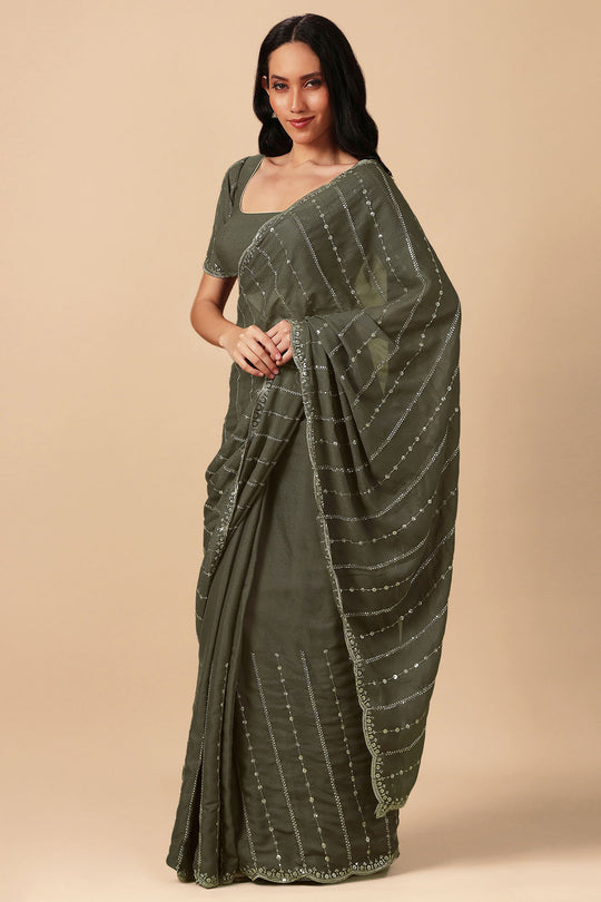 Adriana Olive Georgette Zari Embroidered Sequin Ready to Wear Saree