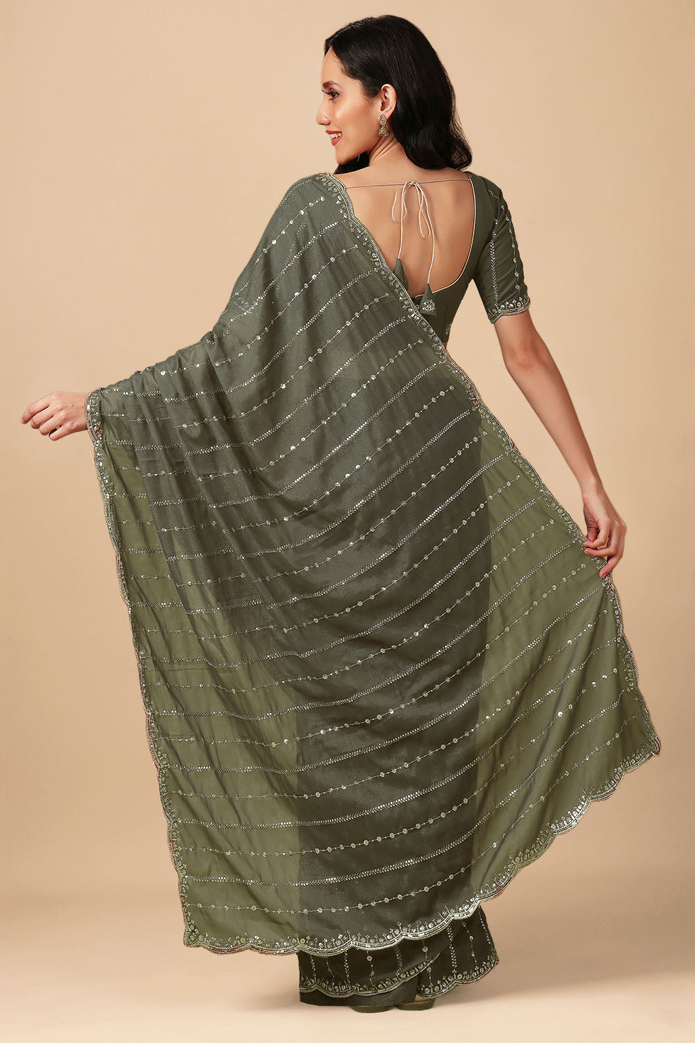 Adriana Olive Georgette Zari Embroidered Sequin Ready to Wear Saree