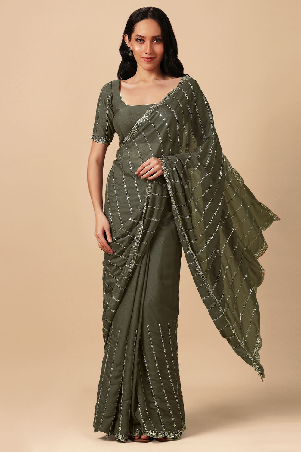 Adriana Olive Georgette Zari Embroidered Sequin Ready to Wear Saree